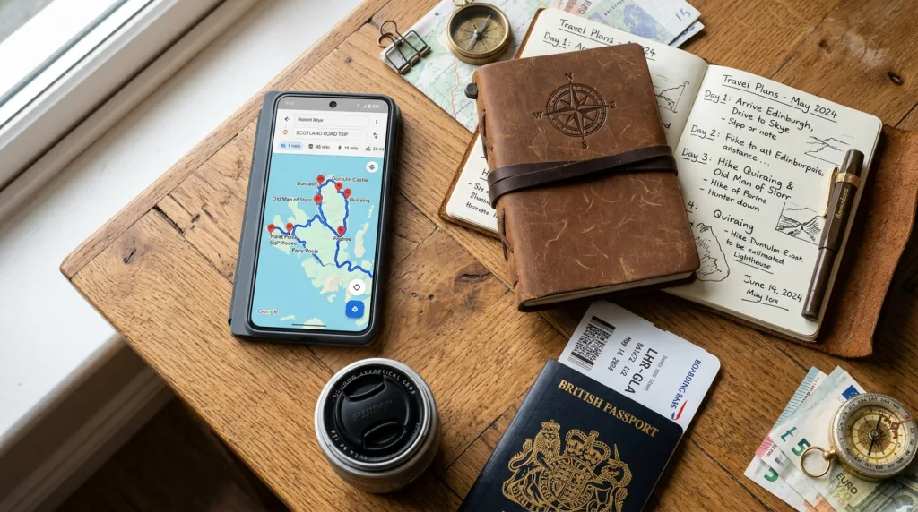 Planning a travel photography route using Google Maps pins on a smartphone