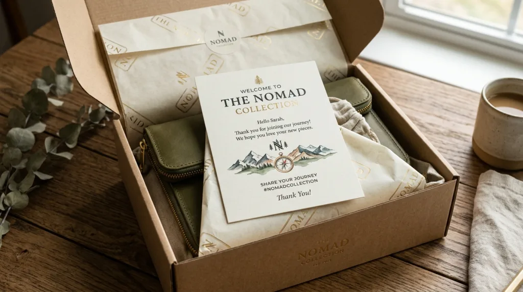 Premium 5x7 printed product lookbook card inside an elegant e-commerce shipping box