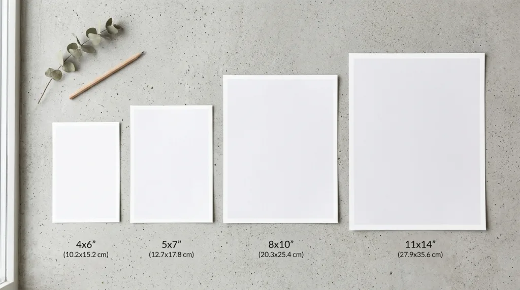 Print size comparison layout featuring 4x6, 5x7, 8x10, and 11x14 photos side by side.