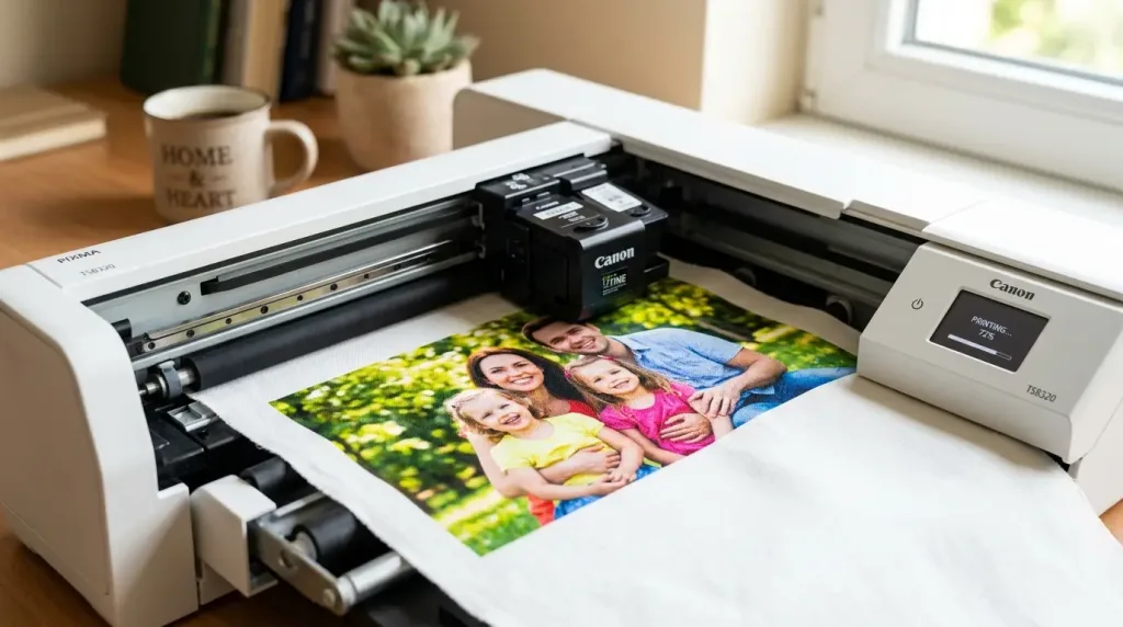 Printing high-resolution edited family photos onto pre-treated cotton fabric sheets using a home inkjet printer.