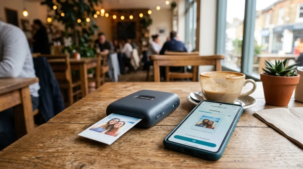 Printing polaroid-style photos directly from a smartphone using a Bluetooth portable pocket printer.