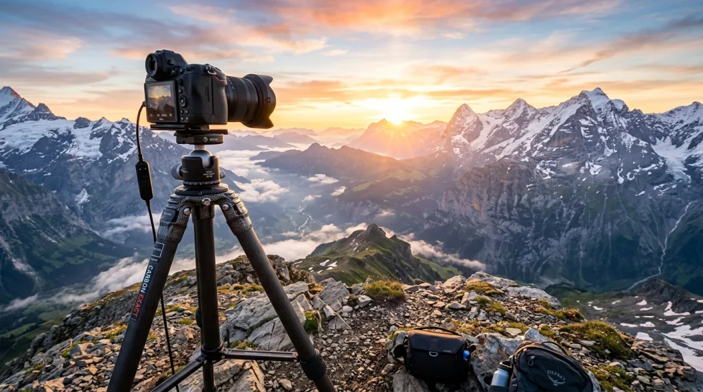 Professional camera on a tripod capturing a sharp landscape photo using low base ISO settings