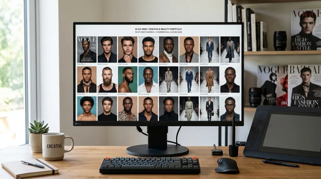 Professional commercial photography portfolio website displayed on a color-calibrated monitor.