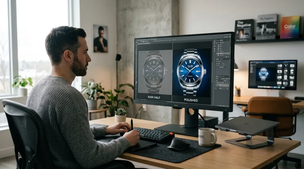 Professional photo editing workflow on a modern studio monitor showing product image enhancement.