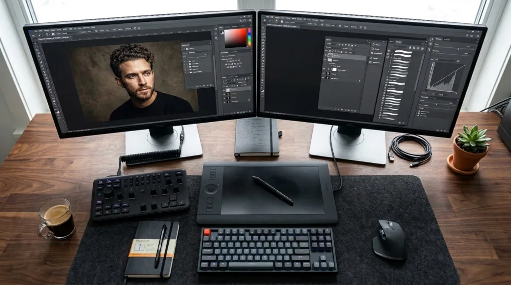 Professional photo editing workspace featuring a graphics tablet and dual monitors