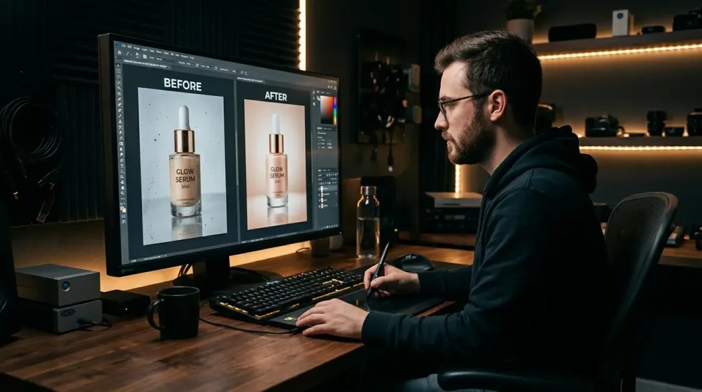 Professional photo editor doing high-end retouching on an e-commerce product image to ensure perfect clarity and color accuracy.