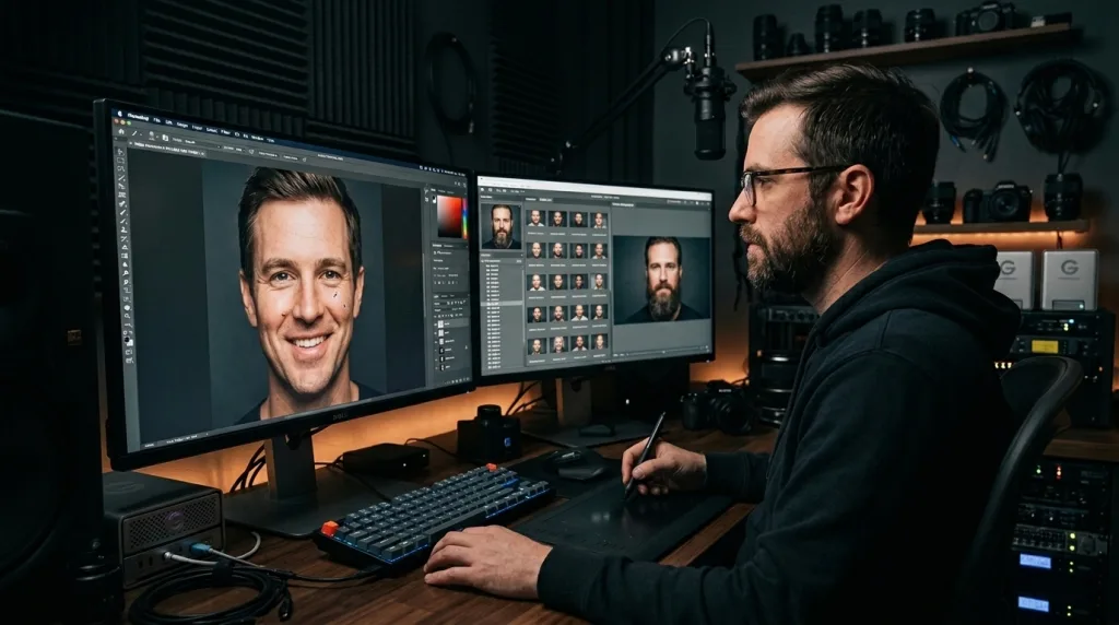 Professional photo editor using the Clone Stamp tool on a digital tablet in Adobe Photoshop.
