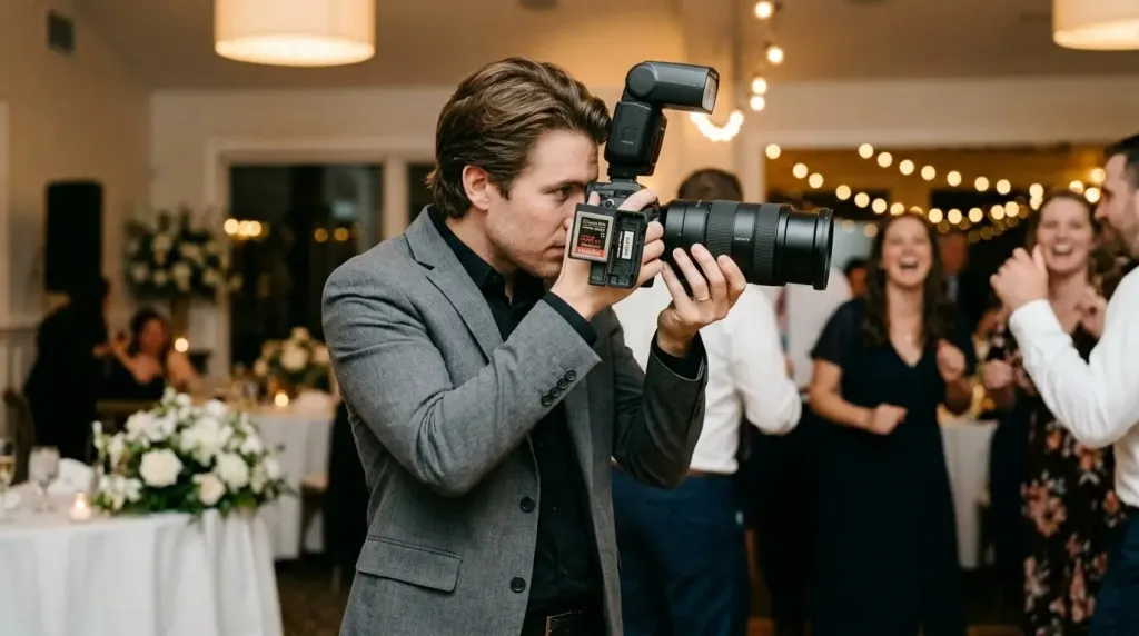 Professional wedding photographer shooting high-resolution RAW photos using a 256GB memory card during an event.