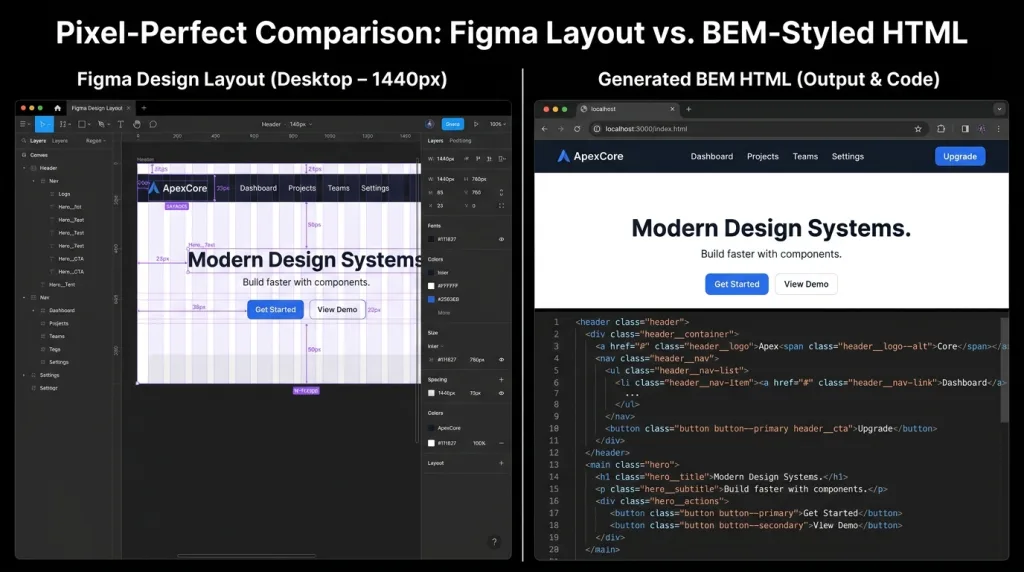 PxCode interface showing pixel-perfect alignment and BEM CSS code structure.
