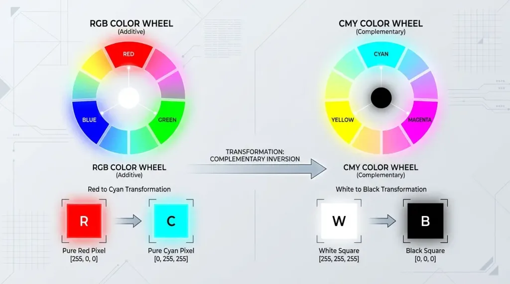 RGB color wheel diagram explaining how a picture color inverter swaps red to cyan and white to black.