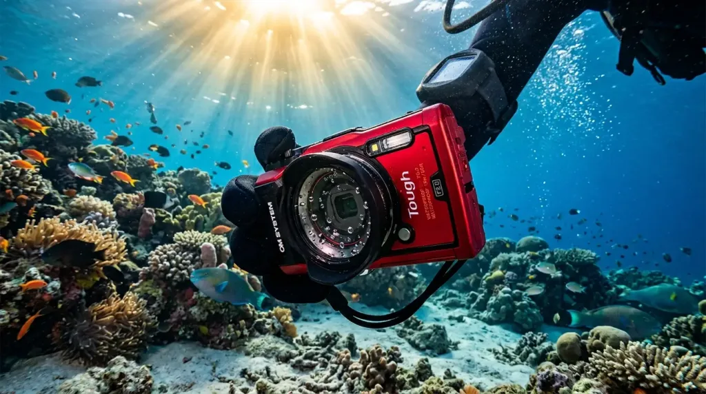 Rugged OM System Tough TG-7 waterproof camera shooting underwater in a coral reef.