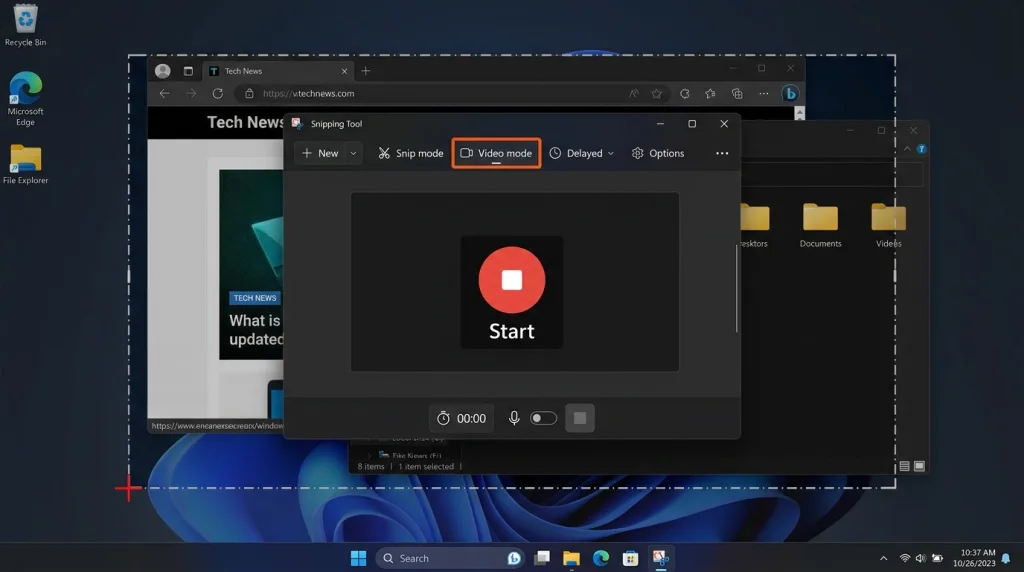 Screen recording mode active within the Windows 11 Snipping Tool app