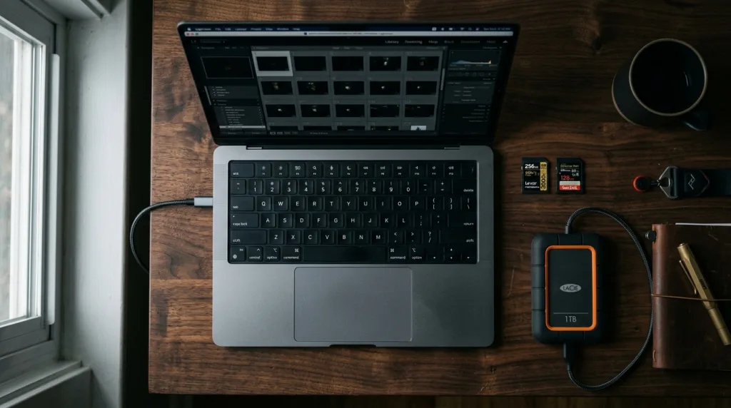 Secure backup workflow for wedding photographers featuring SD cards, external SSD, and laptop.