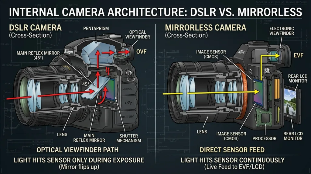 Side by side anatomy comparison of a DSLR camera and a mirrorless camera.