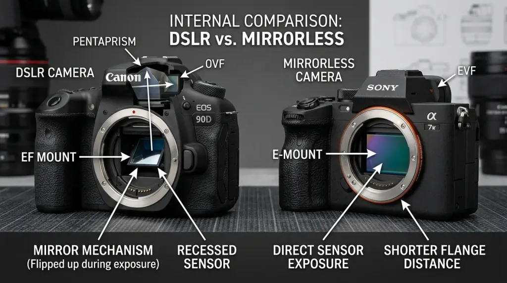 Side-by-side comparison of a DSLR camera and a mirrorless camera highlighting physical design differences.