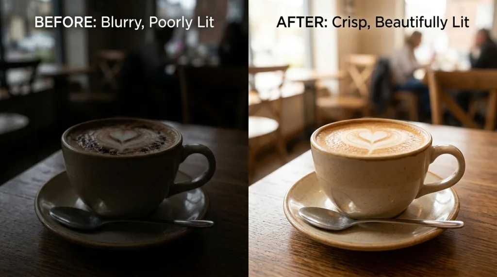 Side-by-side comparison of a blurry smartphone photo and a sharp professional photo