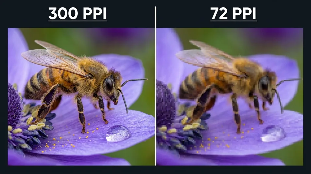 Side-by-side comparison of a high resolution 300 PPI print image versus a low resolution 72 PPI pixelated image.