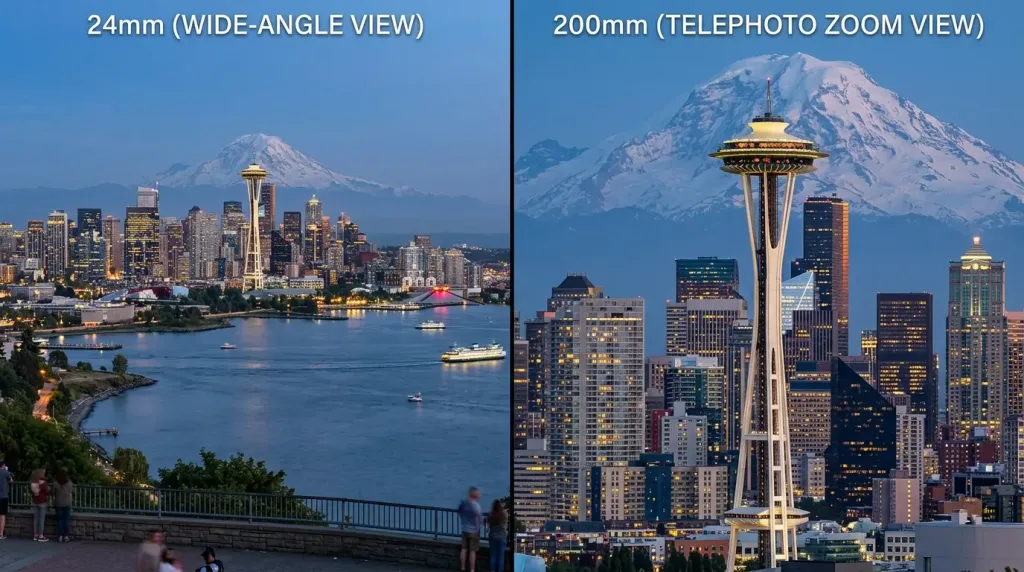 Side-by-side comparison of a landscape shot with a wide-angle 24mm lens versus a 200mm telephoto lens.