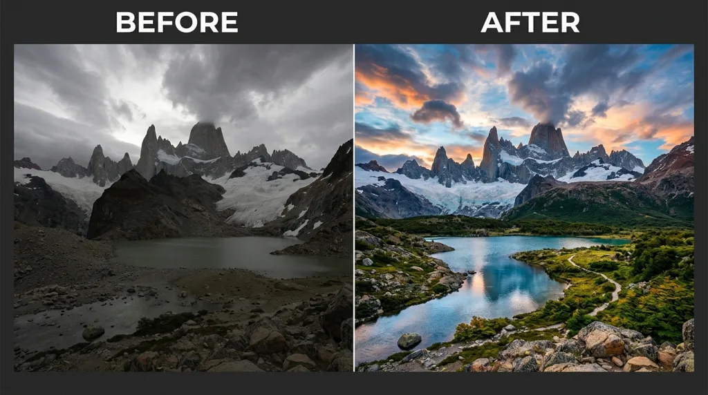 Side by side comparison of an unedited flat RAW camera file and a professionally edited vibrant photograph