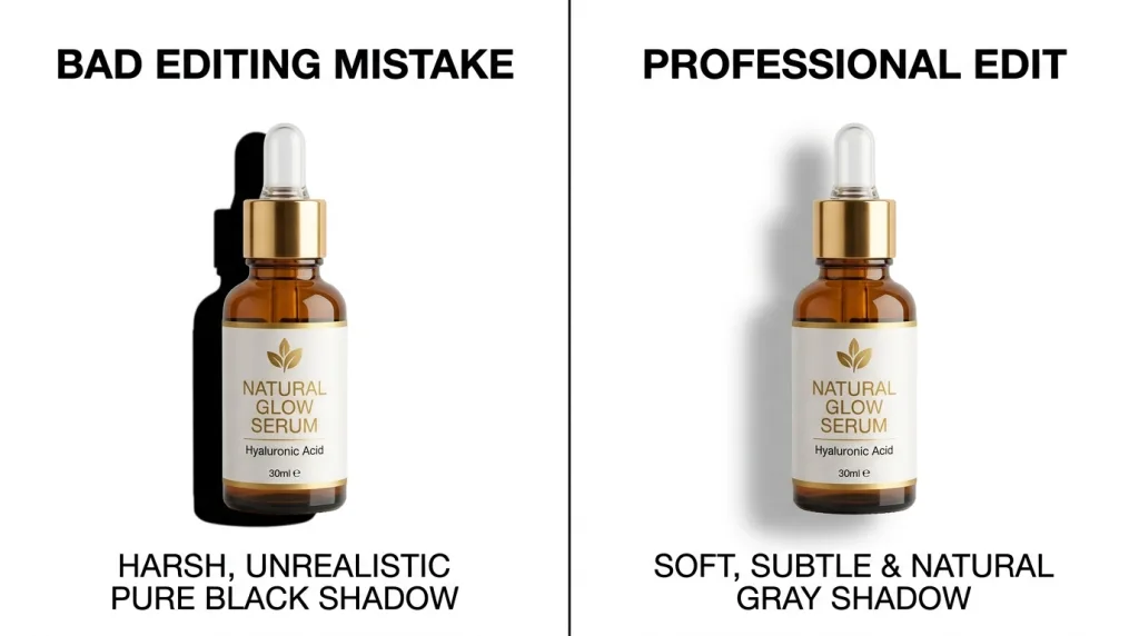 Side-by-side comparison of bad e-commerce image editing with a harsh black shadow versus professional editing with a soft natural shadow.