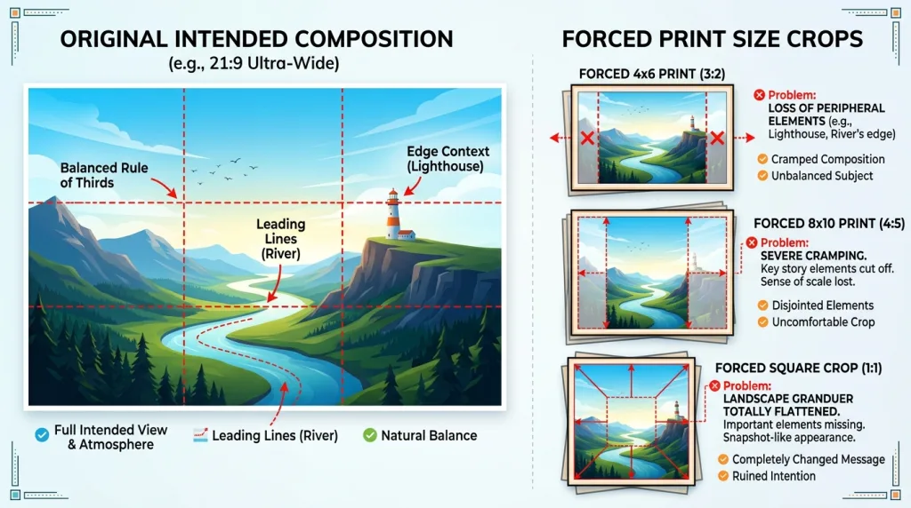 Side-by-side comparison showing how forced photo print sizes can ruin image composition and cropping.
