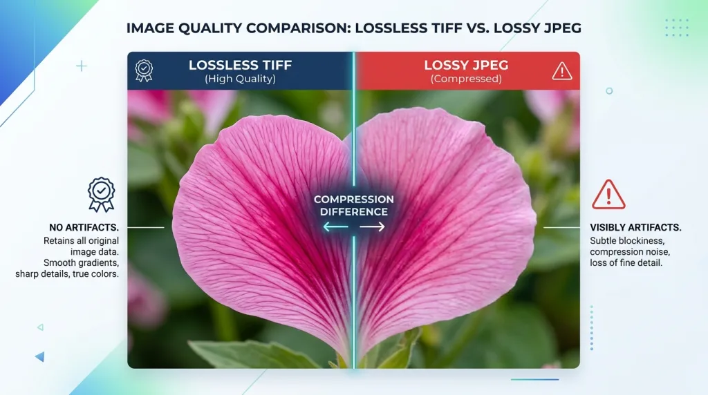 Side-by-side macro view showing the difference between lossless TIFF quality and lossy JPEG compression artifacts.