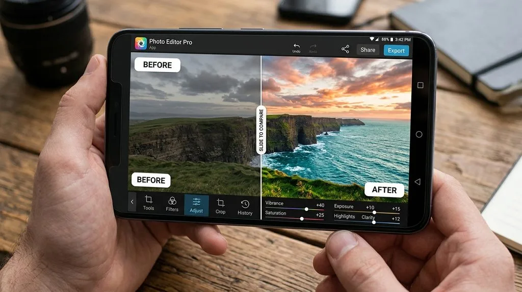 Side-by-side view of a photo before and after editing in a full-featured mobile editing app.