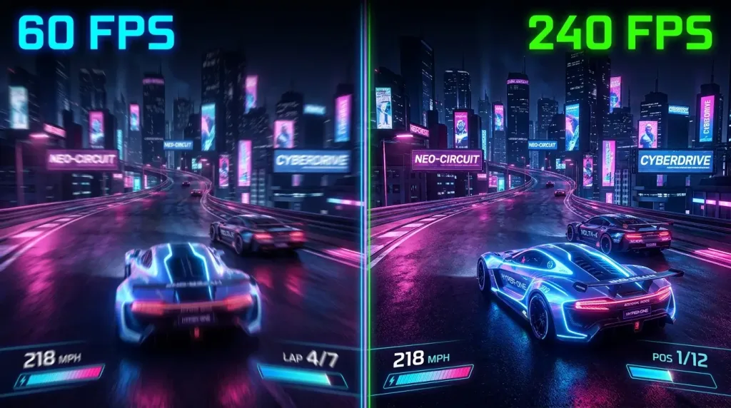 Side-by-side visual comparison showing motion blur at 60 FPS versus sharp image quality at 240 FPS in competitive gaming.