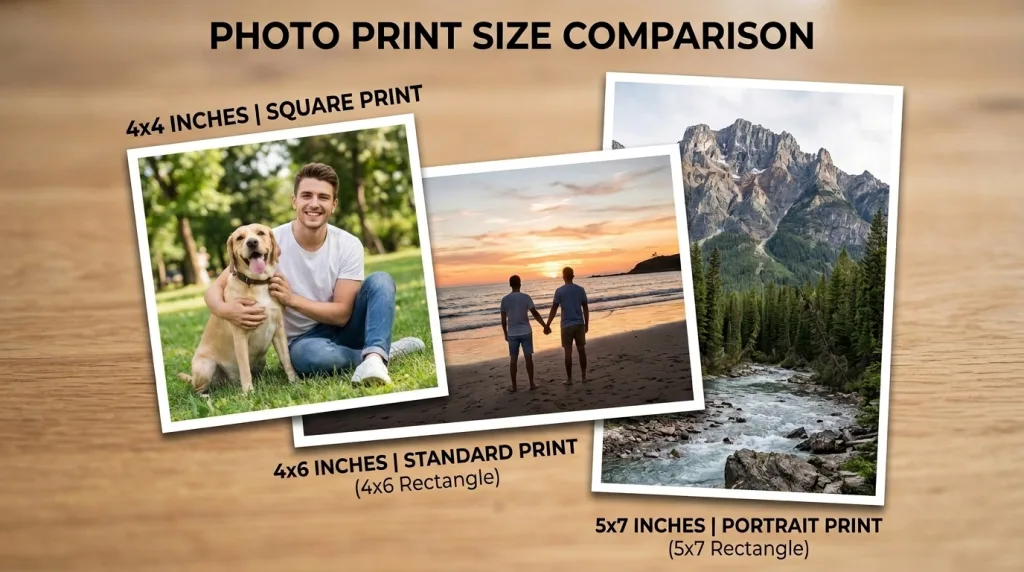 Size comparison chart showing a 4x4 picture next to standard 4x6 and 5x7 photo print sizes