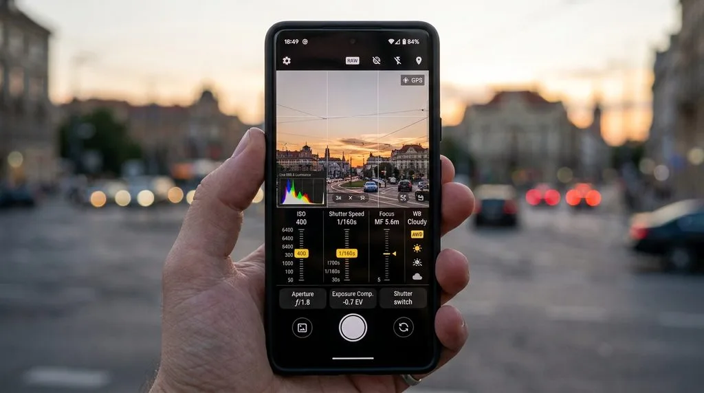 Smartphone screen displaying manual camera controls like ISO, shutter speed, and histogram.