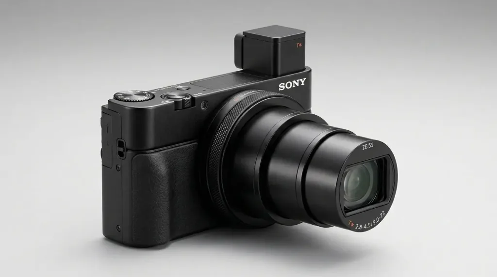 Sony RX100 VII pocket camera showing pop up EVF and premium compact zoom lens.