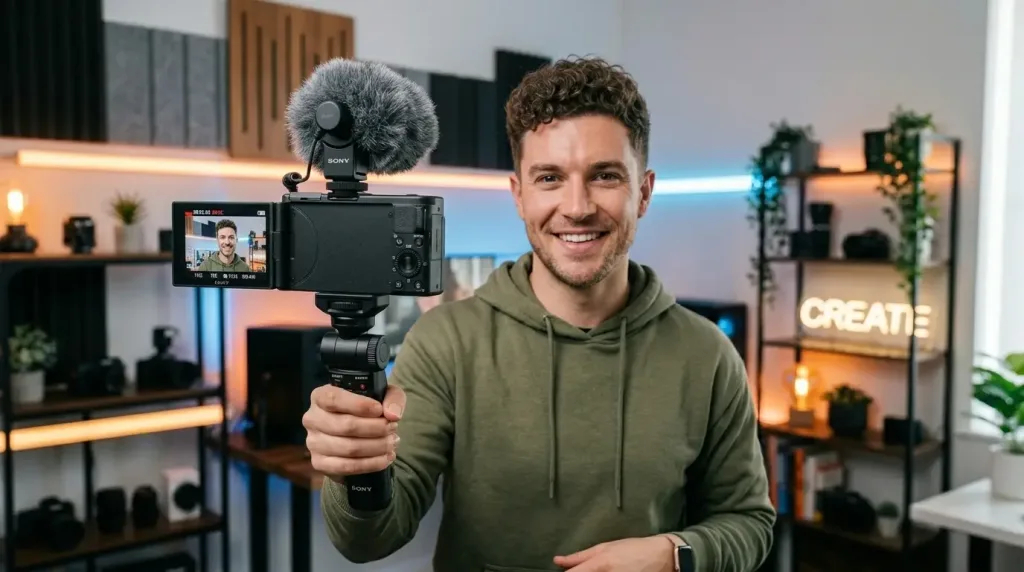 Sony ZV-1 Mark II vlogging camera with side flip screen and windscreen for content creators.