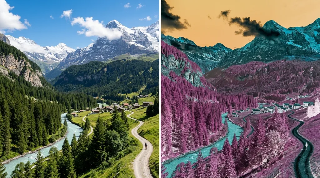 Split screen demonstrating color inversion of a landscape photo in Adobe Photoshop