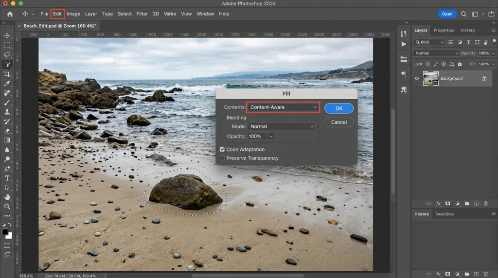 Step-by-step Photoshop interface showing the Fill dialog box with the Content-Aware option selected.