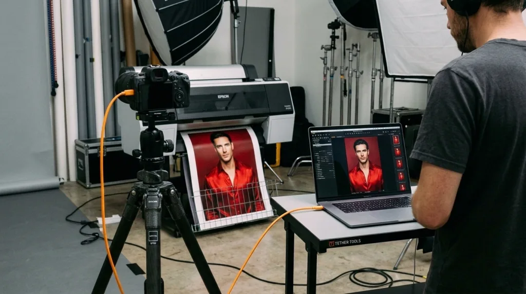 Tethered studio photography workflow using Capture One Pro for immediate color-accurate client prints.