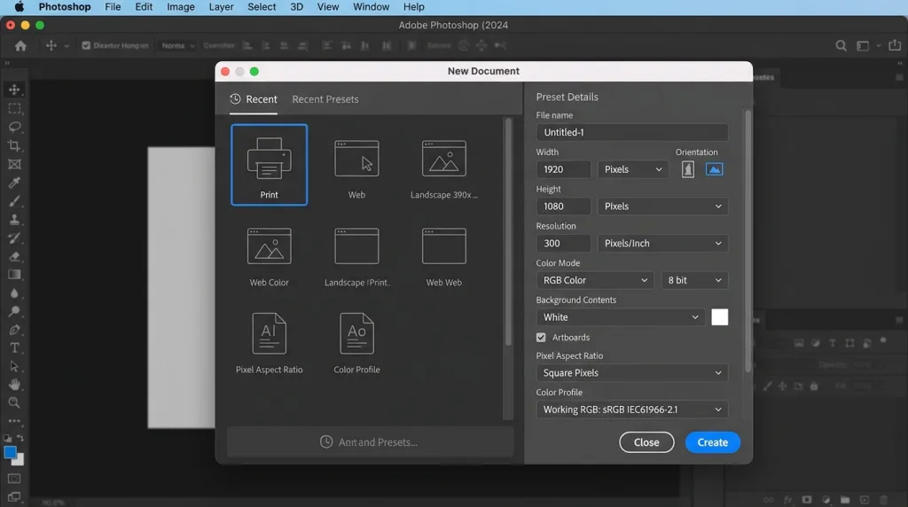 The Adobe Photoshop New Document dialog box highlighting custom size, resolution, and color mode settings.