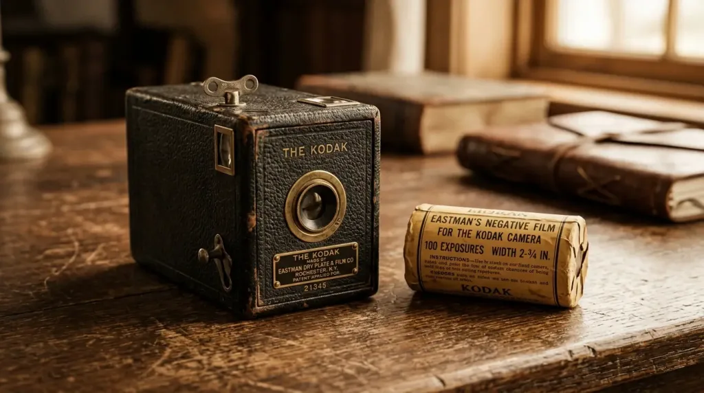The original 1888 Kodak box camera and roll film that democratized photography.