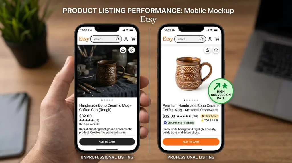 The visual difference between a cluttered background and a transparent PNG for e-commerce product listings.