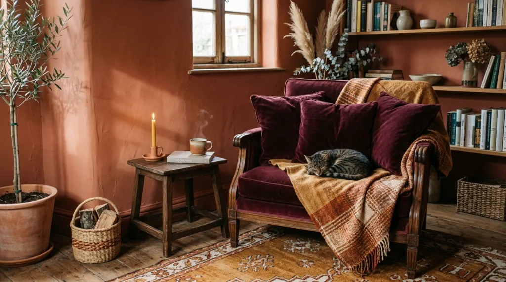 Trending 2026 terracotta and deep burgundy color palette in lifestyle photography
