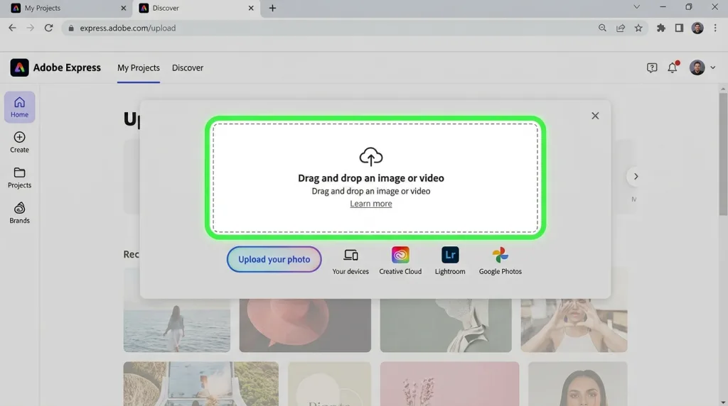 Uploading a JPG or PNG image file into the Adobe Express background remover tool.
