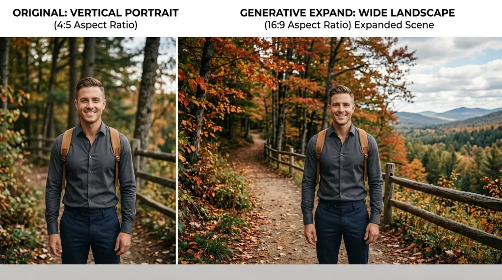 Using Generative Expand and Content-Aware Scale in Photoshop for professional image resizing.