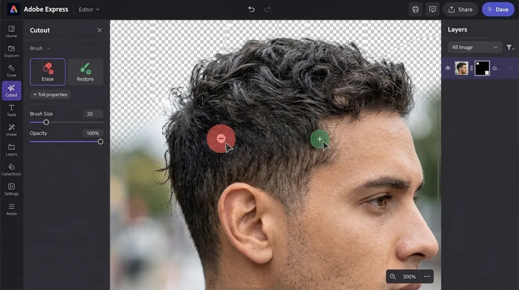 Using the Erase and Restore tools in Adobe Express to refine tricky edges like hair.