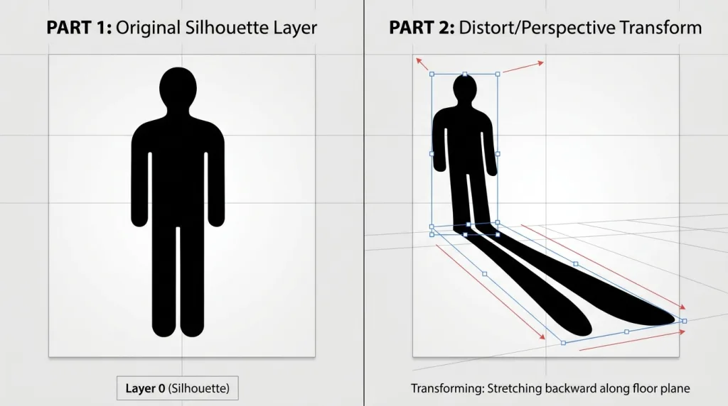 Using the Free Transform tool in Photoshop to distort a subject silhouette into a realistic cast shadow.