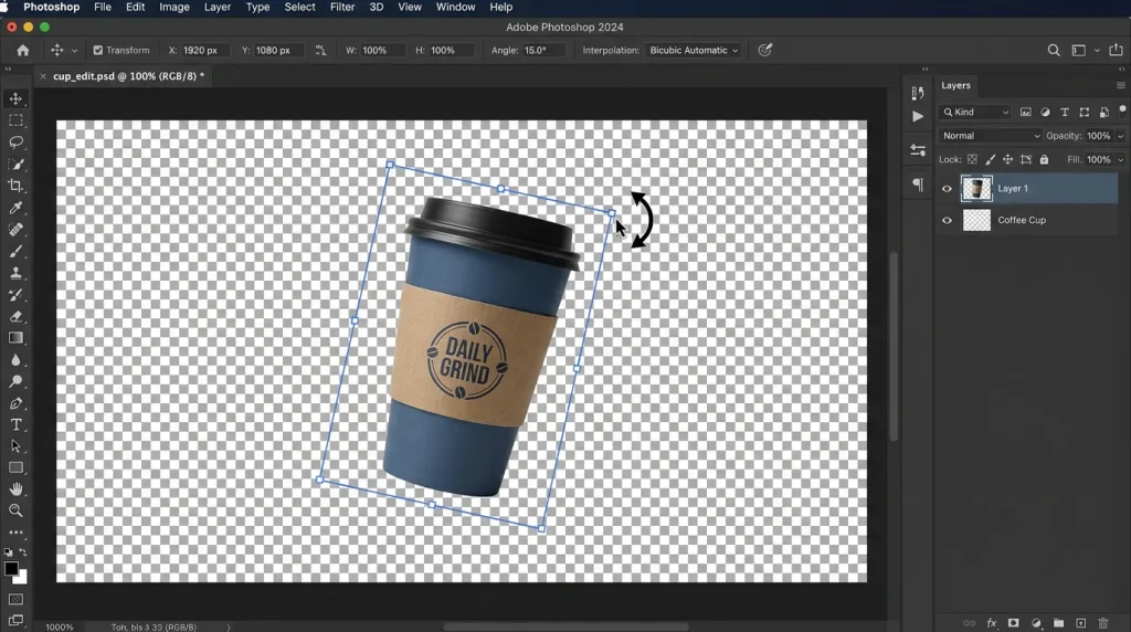 Using the Free Transform tool in Photoshop to rotate a single layer using the curved double-arrow cursor.