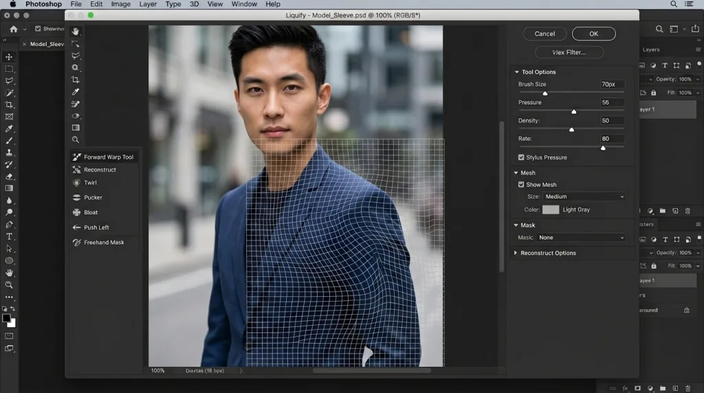 Using the Liquify filter in Photoshop to reshape bunched fabric and improve the natural drape of clothing.
