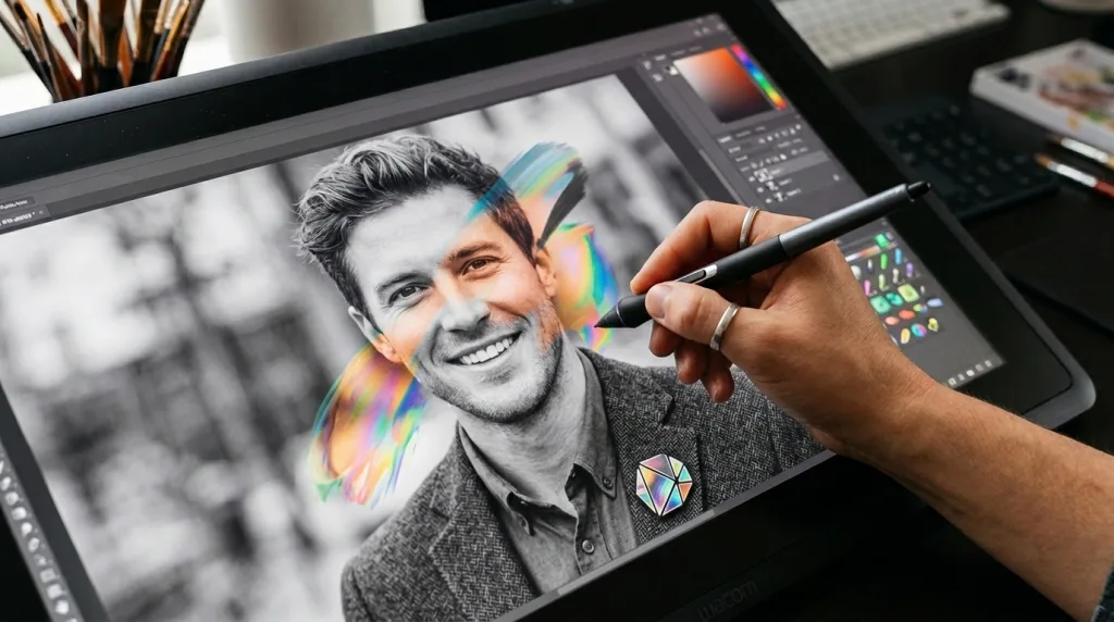 Using the Photoshop History Brush tool to selectively undo edits on a portrait