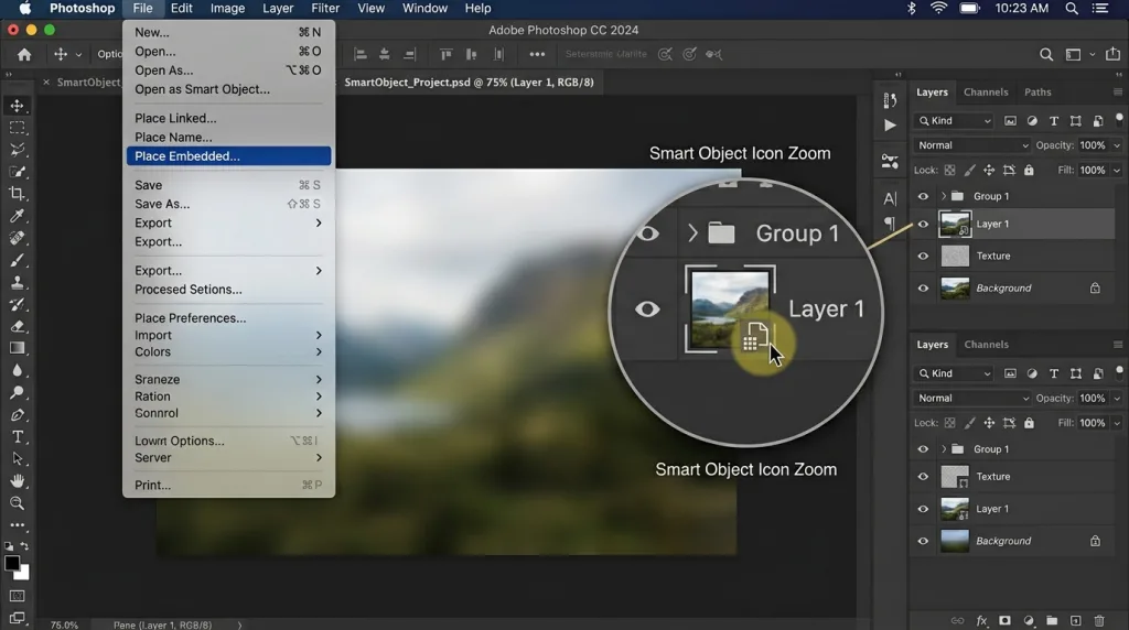 Using the Place Embedded option in Photoshop to add an image as a Smart Object