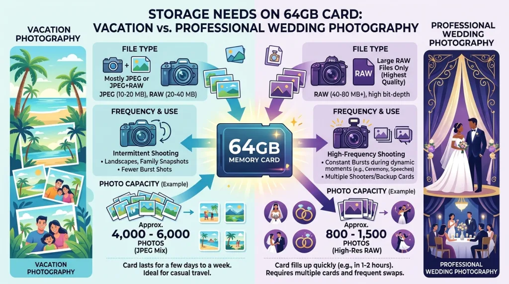 Vacation photography vs professional wedding photography storage needs on 64GB card.