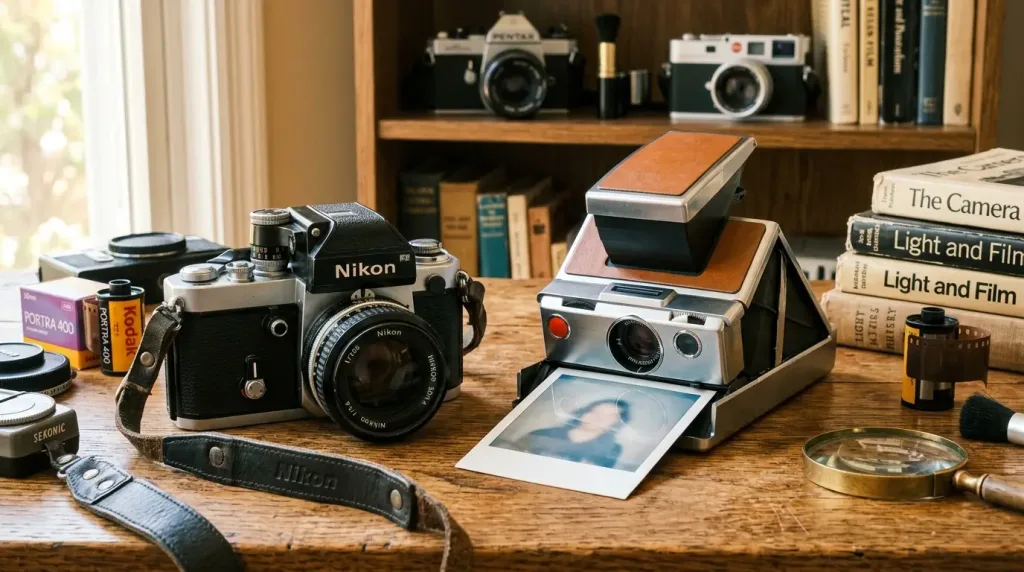 Vintage 35mm SLR camera next to a classic Polaroid instant camera.