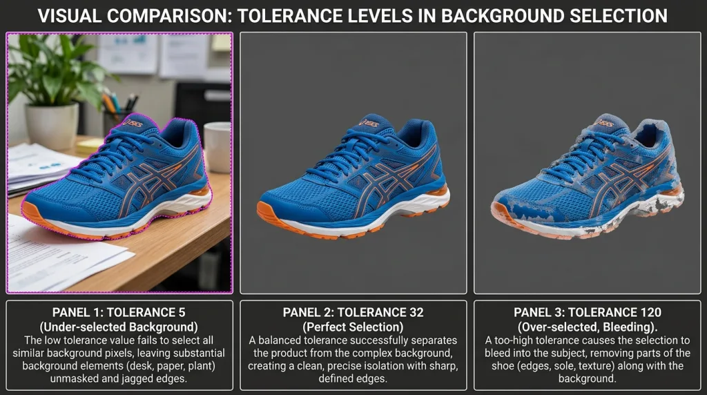 Visual comparison of low versus high tolerance settings using the Magic Wand Tool in Photoshop.
